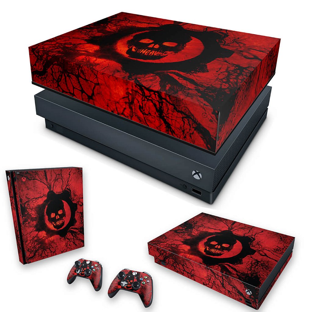 KIT Capa Anti Poeira e Skin Anti-Rage Xbox One X - Gears of War - Skull