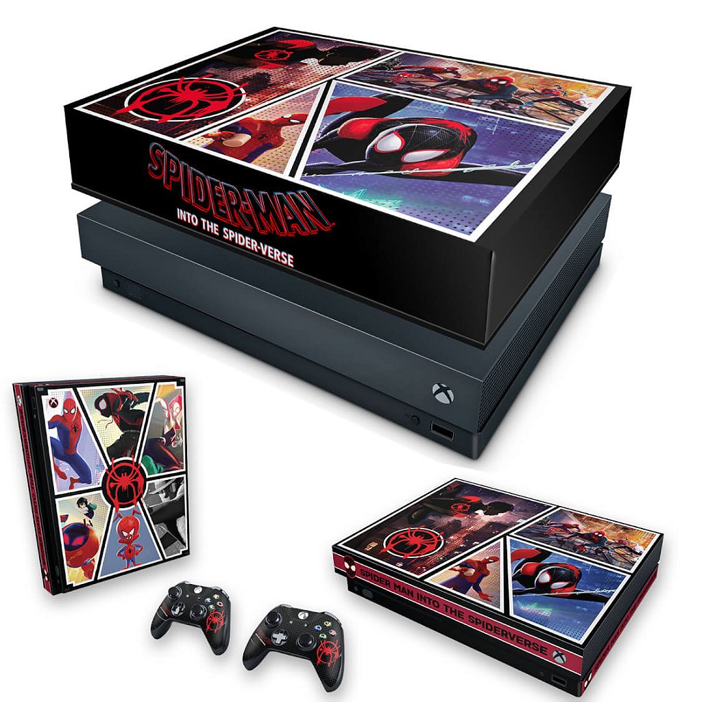 KIT Capa Anti Poeira e Skin Anti-Rage Xbox One X - Homem-Aranha no Aranhaverso