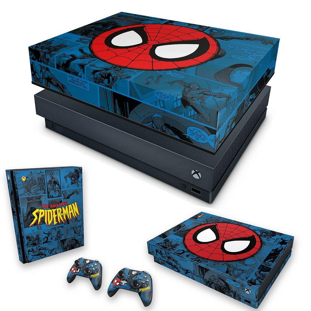 KIT Capa Anti Poeira e Skin Anti-Rage Xbox One X - Homem-Aranha Spider-Man Comics