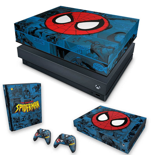 KIT Capa Anti Poeira e Skin Anti-Rage Xbox One X - Homem-Aranha Spider-Man Comics