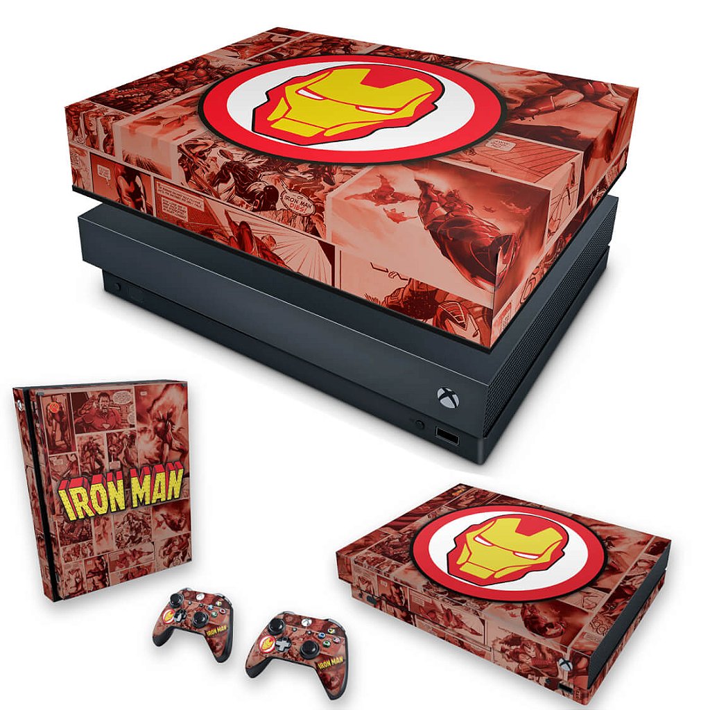 KIT Capa Anti Poeira e Skin Anti-Rage Xbox One X - Homem de Ferro Comics