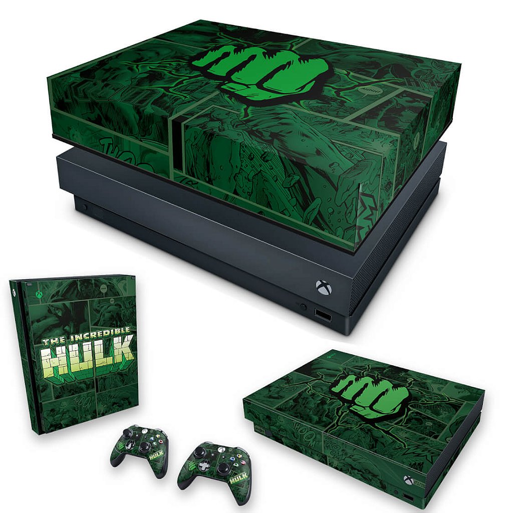 KIT Capa Anti Poeira e Skin Anti-Rage Xbox One X - Hulk Comics