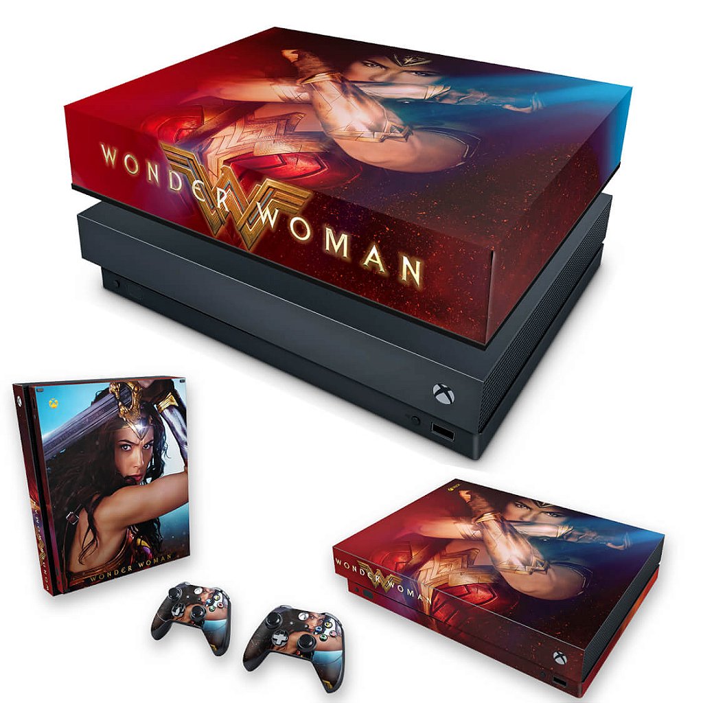 KIT Capa Anti Poeira e Skin Anti-Rage Xbox One X - Mulher Maravilha