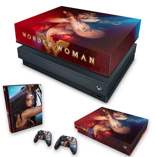 KIT Capa Anti Poeira e Skin Anti-Rage Xbox One X - Mulher Maravilha