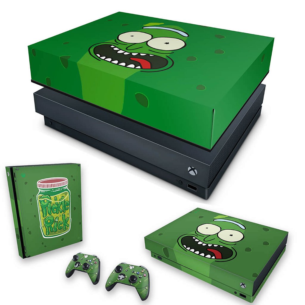 KIT Capa Anti Poeira e Skin Anti-Rage Xbox One X - Pickle Rick and Morty