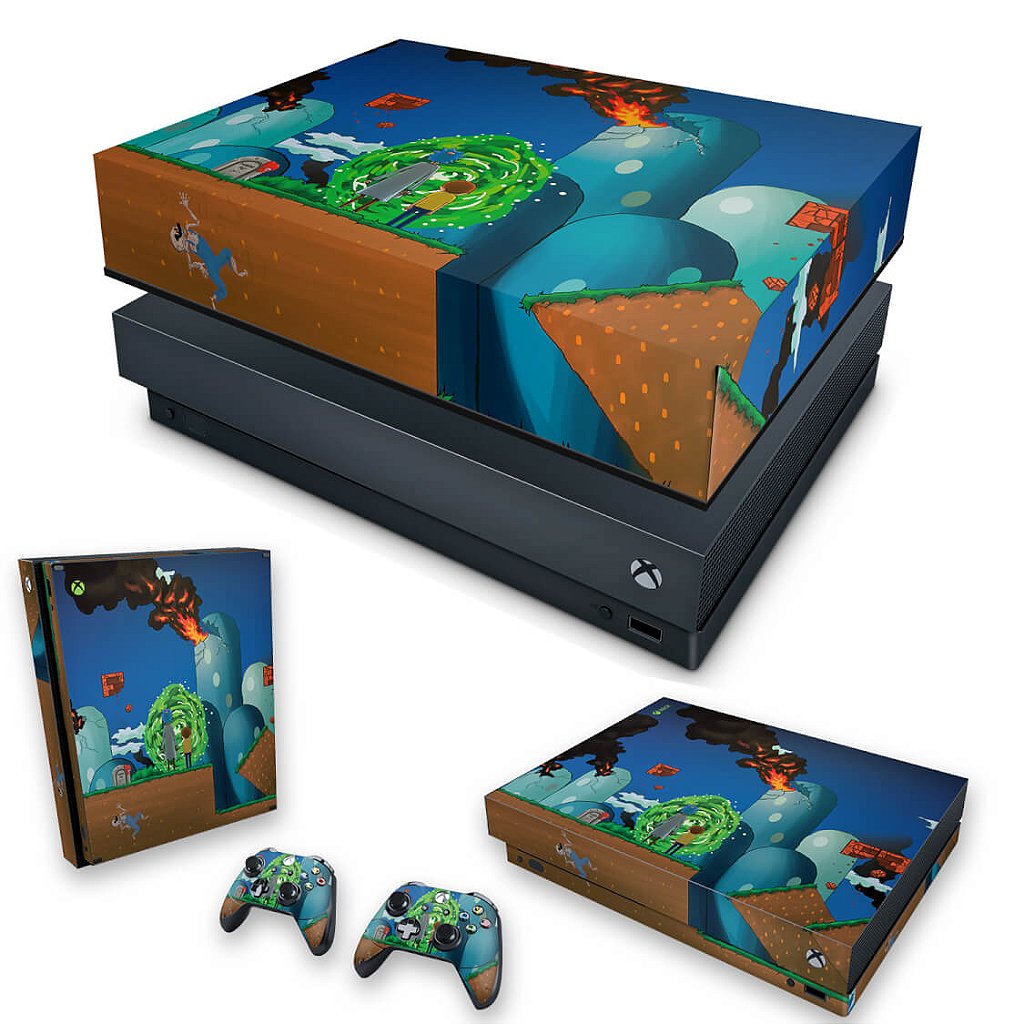KIT Capa Anti Poeira e Skin Anti-Rage Xbox One X - Rick And Morty Mario