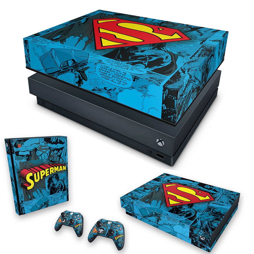 KIT Capa Anti Poeira e Skin Anti-Rage Xbox One X - Super Homem Superman Comics