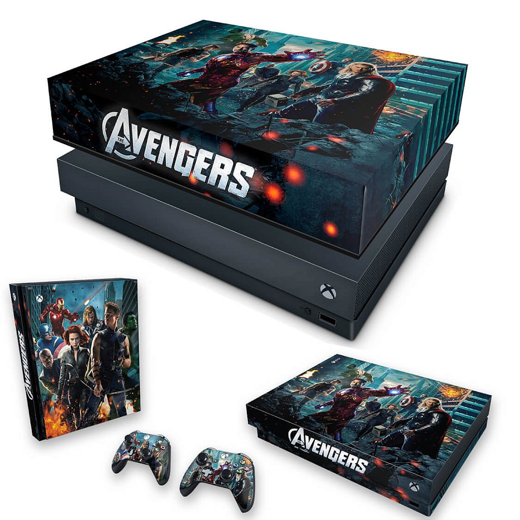 KIT Capa Anti Poeira e Skin Anti-Rage Xbox One X - The Avengers - Os Vingadores