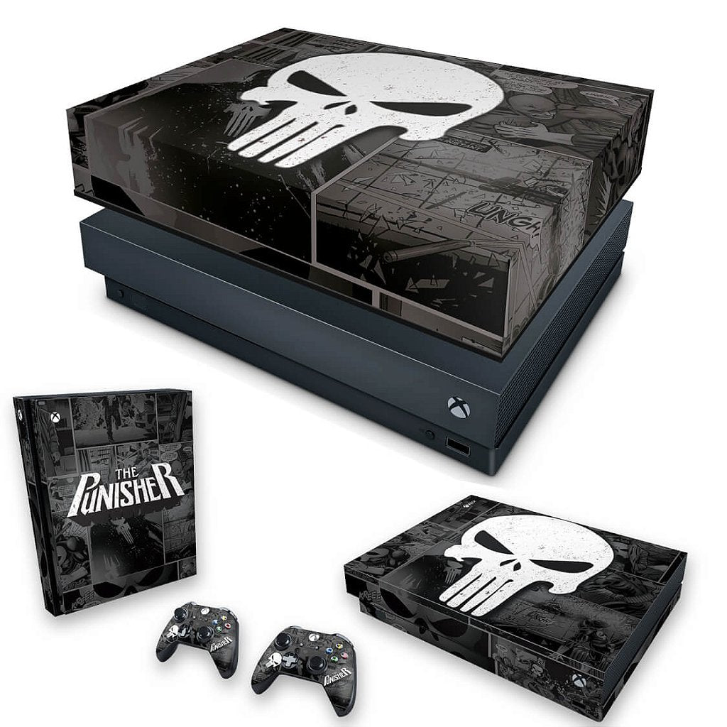 KIT Capa Anti Poeira e Skin Anti-Rage Xbox One X - The Punisher Justiceiro Comics