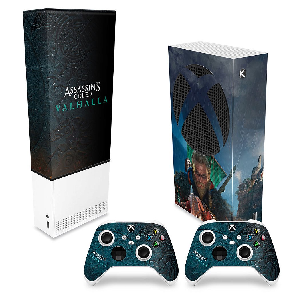KIT Capa Anti Poeira e Skin Anti-Rage Xbox Series S Vertical - Assassin's Creed Valhalla