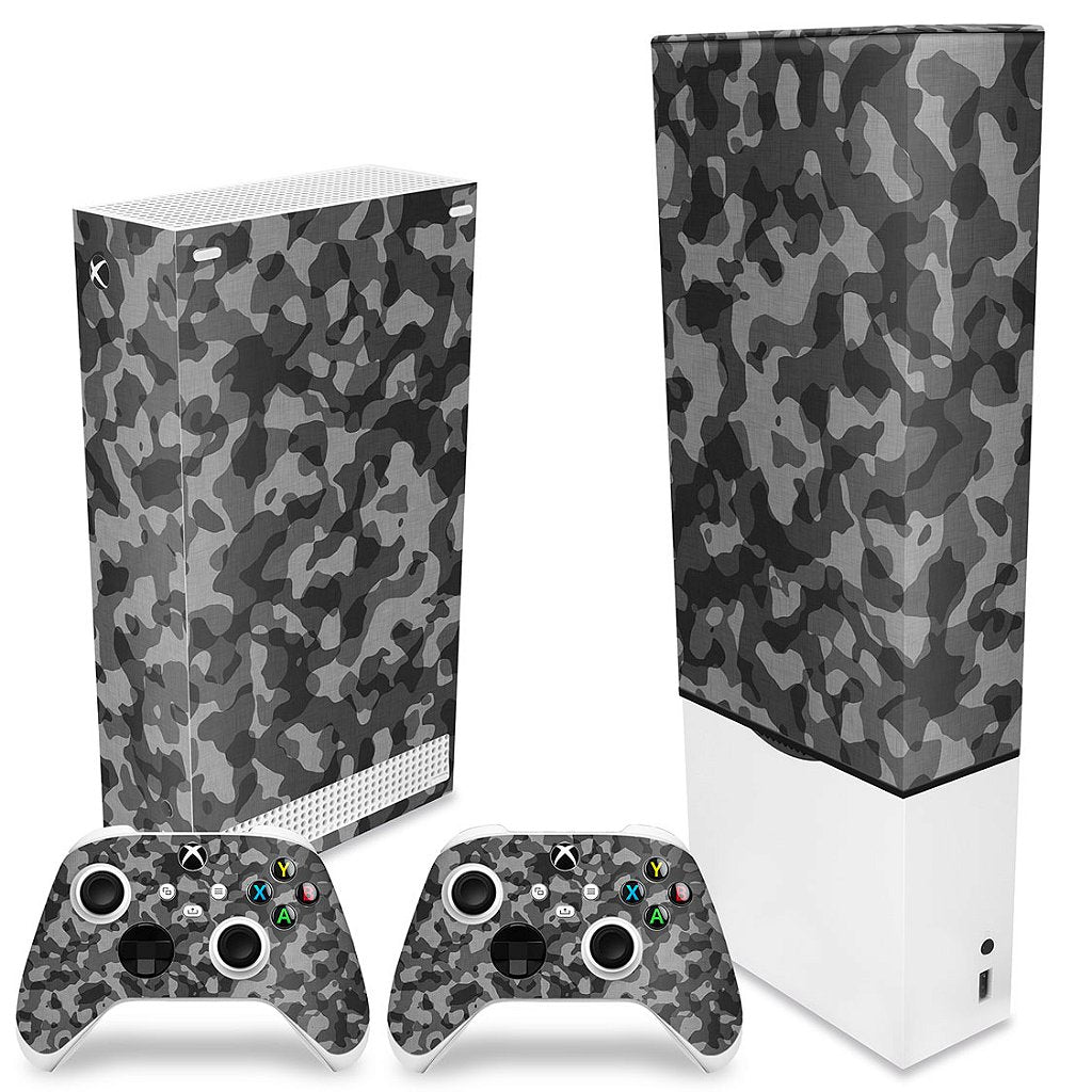KIT Capa Anti Poeira e Skin Anti-Rage Xbox Series S Vertical - Camuflado Cinza - Pop Arte Skins - foto 2