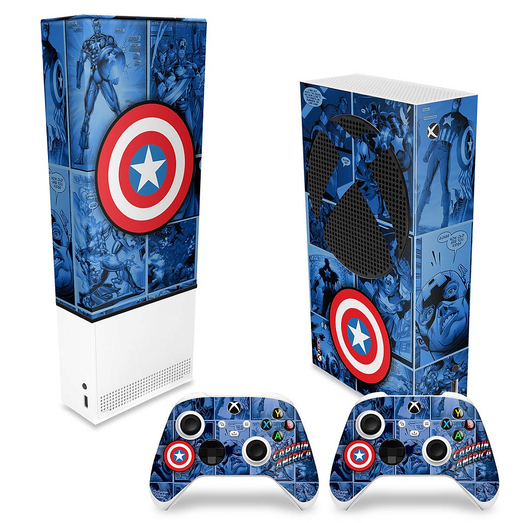 KIT Capa Anti Poeira e Skin Anti-Rage Xbox Series S Vertical - Capitão América Comics
