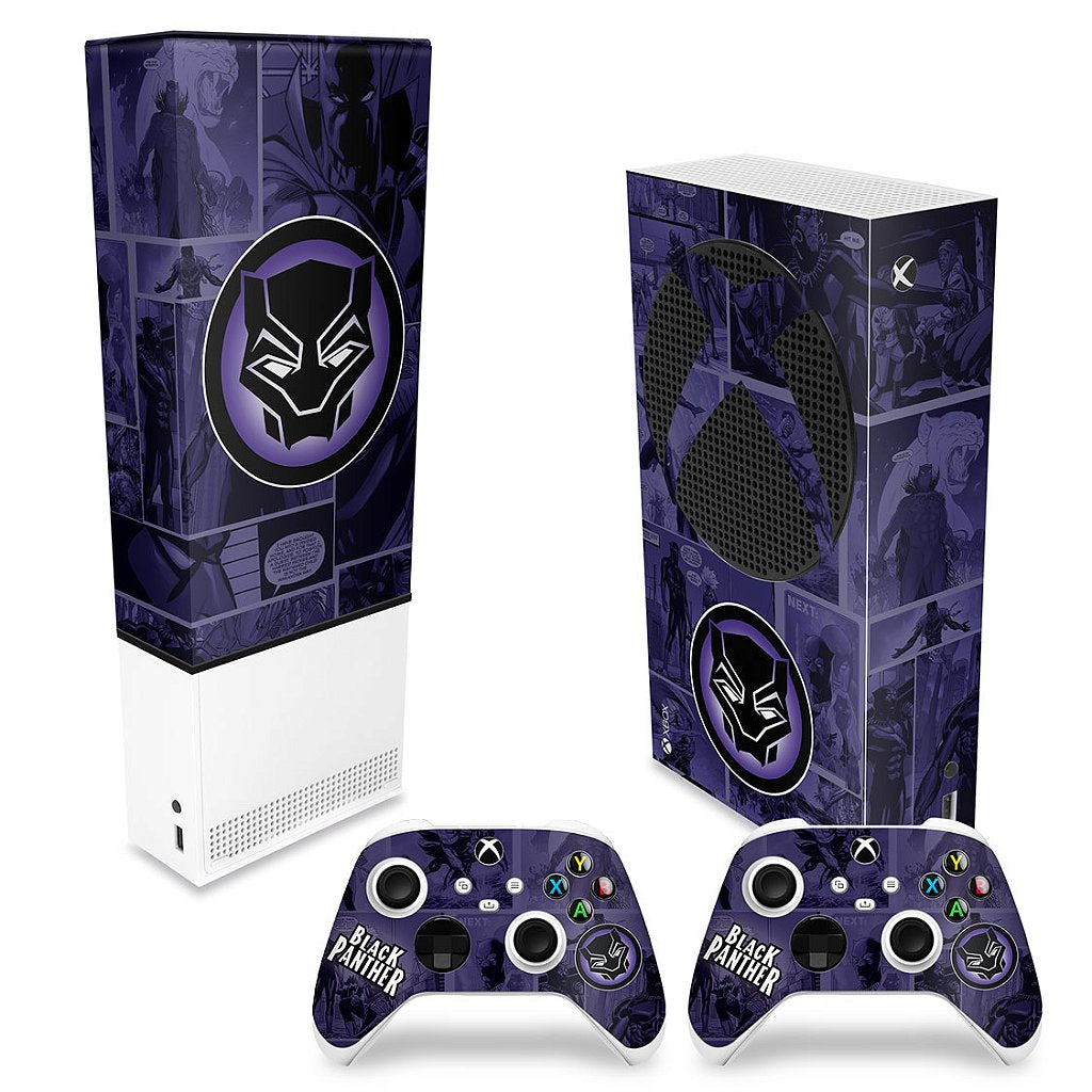 KIT Capa Anti Poeira e Skin Anti-Rage Xbox Series S Vertical - Pantera Negra Comics