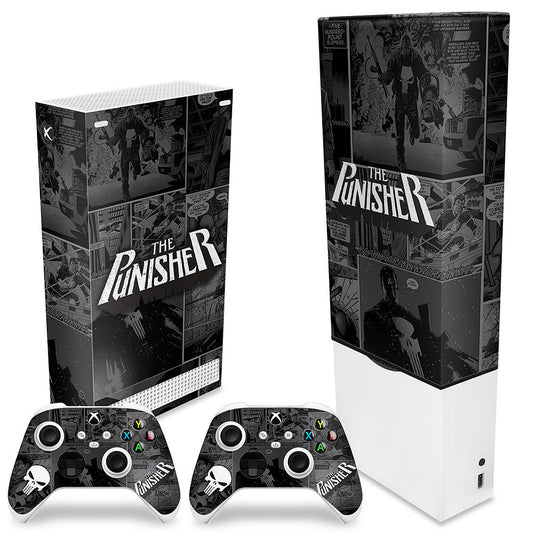 KIT Xbox Series S Capa Anti Poeira e Skin Anti-Rage Vertical - The Punisher Justiceiro Comics