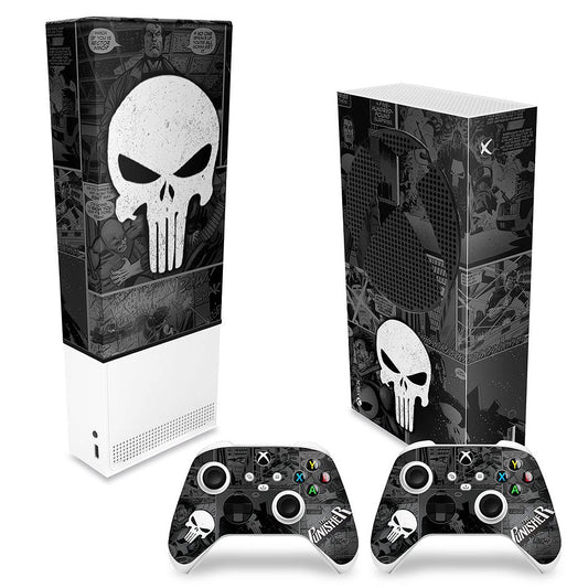KIT Xbox Series S Capa Anti Poeira e Skin Anti-Rage Vertical - The Punisher Justiceiro Comics