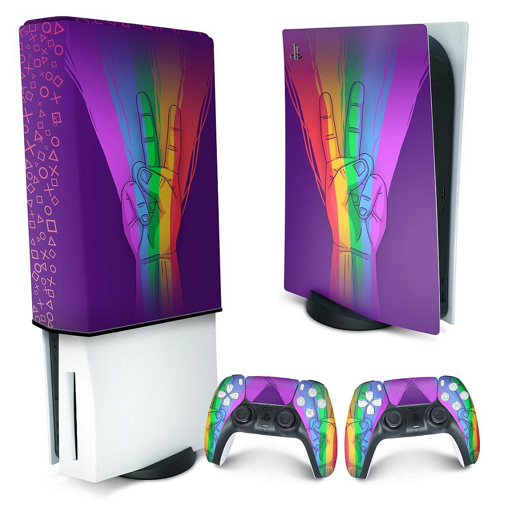 KIT Capa Anti Poeira e Skin Anti-Rage PS5 Fat Vertical - Rainbow Colors Colorido