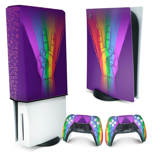 KIT Capa Anti Poeira e Skin Anti-Rage PS5 Fat Vertical - Rainbow Colors Colorido